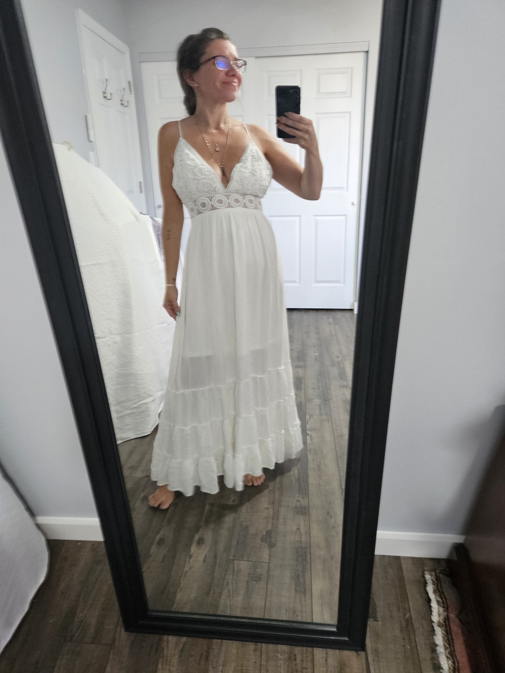White Lace Maxi Dress with Crochet Waistband